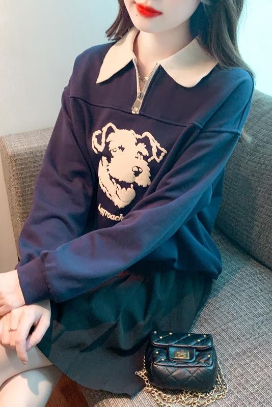 여성 캐주얼 데일리 오버핏 기모 배색 카라넥 자수 강아지 그래픽 긴팔 맨투맨 티셔츠 이미지 6