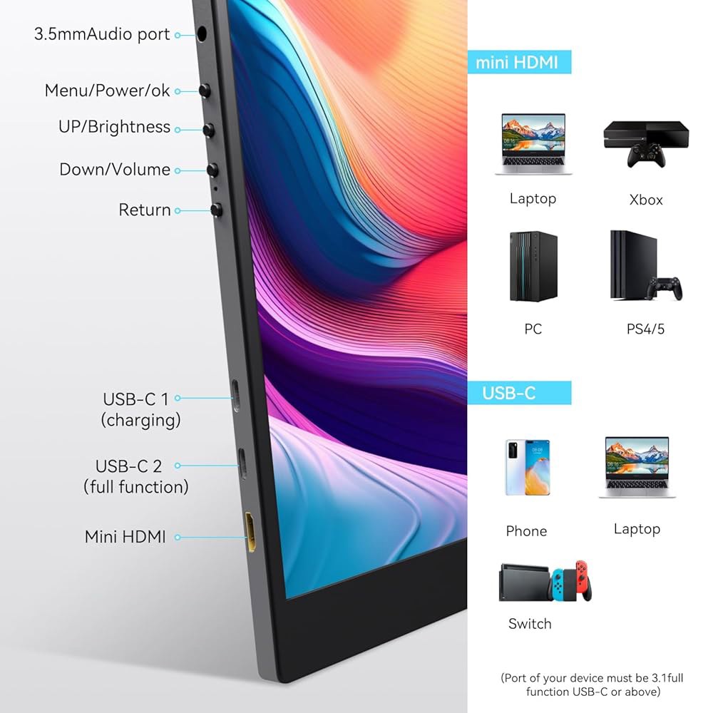 Ulrhzar 휴대용 터치스크린 모니터 14인치 스피커 1920X1200P 미니 USB-C 60hz 외장 HDMI Xbox FHD 노트북 내장 스위치용, 컴퓨터 모니터, - 상세 이미지 3