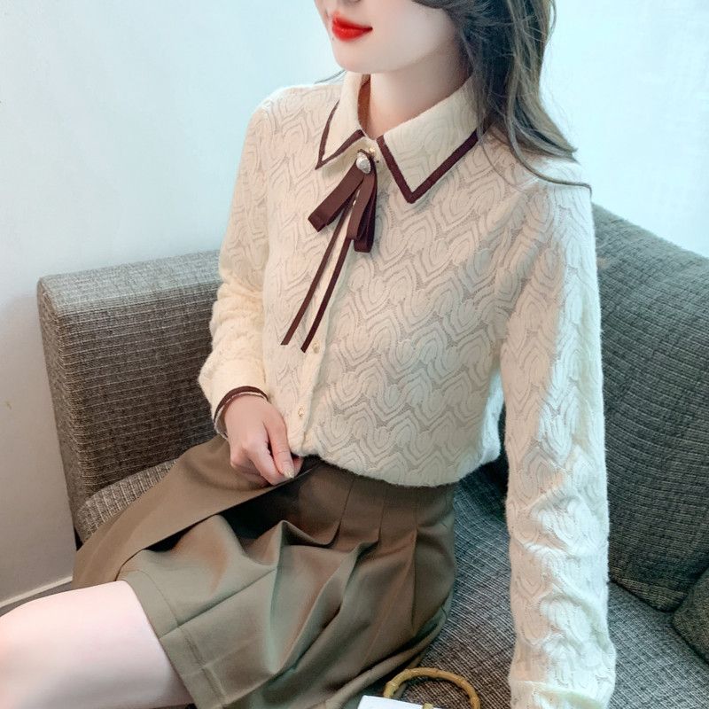여성 페미닌 무드 기모 레이스 배색 리본 타이 셔츠 블라우스 오피스룩 하객룩 정장 이너 기본 데일리 긴팔 상의 - 상세 이미지 2