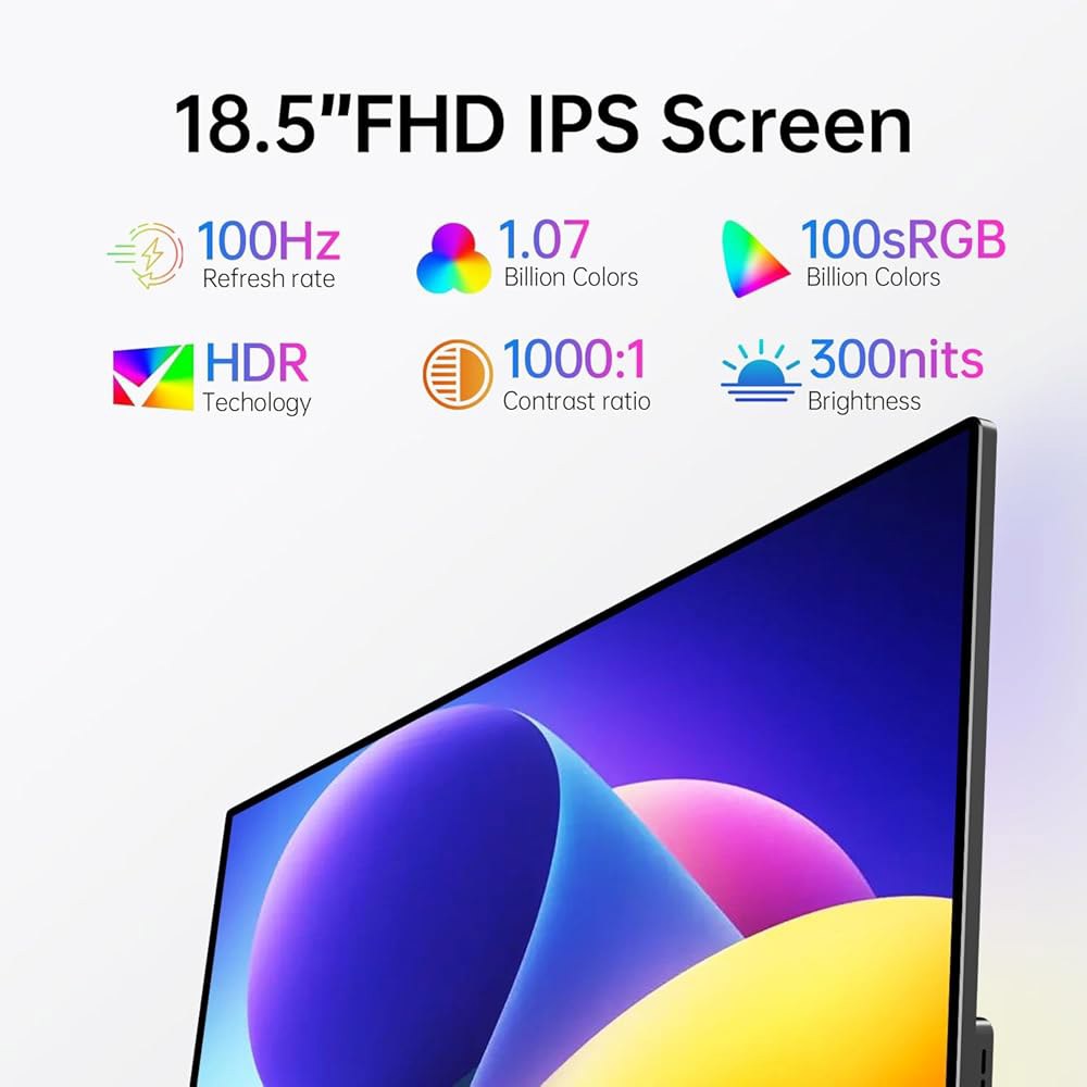 VOKENSU 휴대용 모니터 터치스크린, 18.5인치 C 여행용 및 윈도우 FHD 스피커가 HDMI 킥스탠드 USB 터치 있는 개발자용 IPS 모니터, PC용 스크린, 10포인트 - 상세 이미지 3