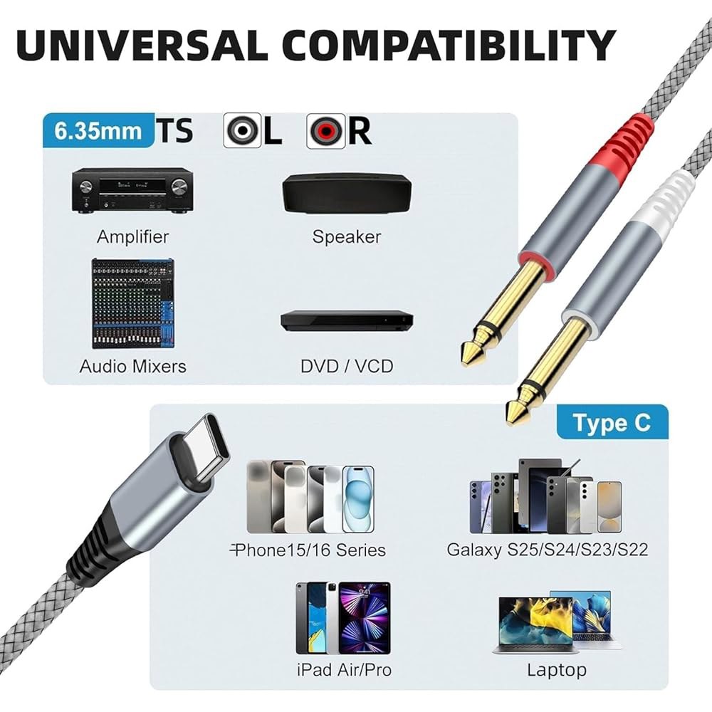 QIMIAOUS USB C - 0.6cm(1/4인치) 앰프, 스마트폰, TS 6.35mm 케이블, 믹싱 코드, 듀얼 링크 3m(10피트) 타입 스피커용 노트북 Y-스플리터 모노 - 상세 이미지 2