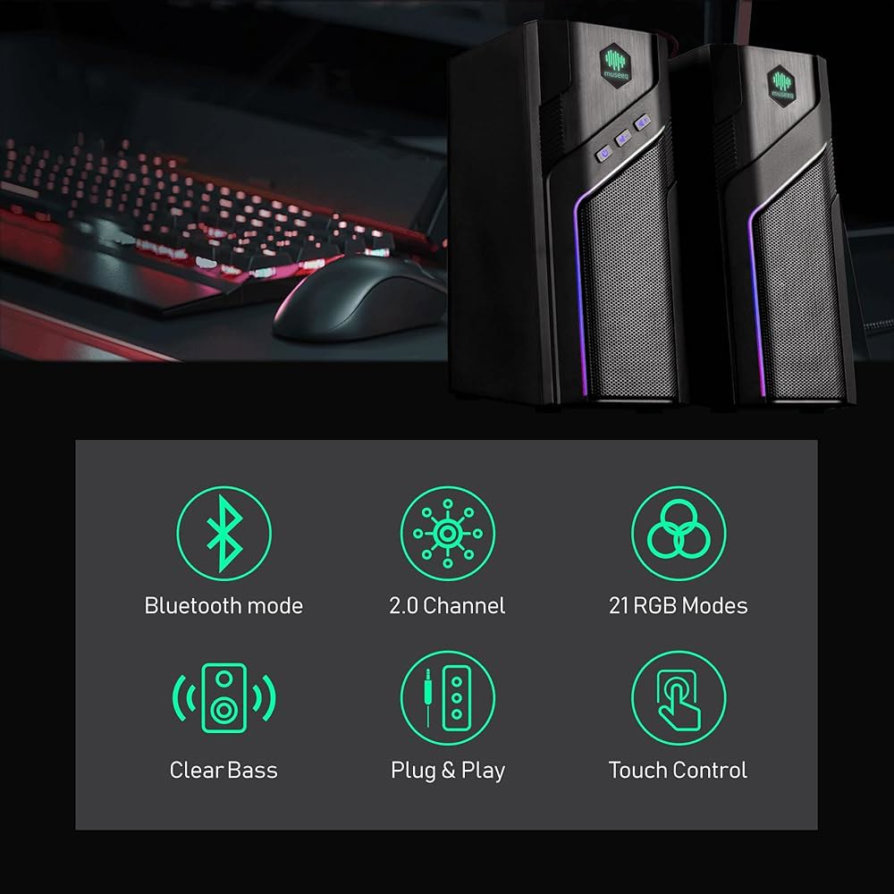 museeq W-206RE RGB 블루투스 및 설정을 USB 스테레오 터치 모드 게임 모니터용 위한 21가지 데스크탑 조명 PC 게이밍 LED 컴퓨터 사운드, 컨트롤 스피커, - 상세 이미지 2