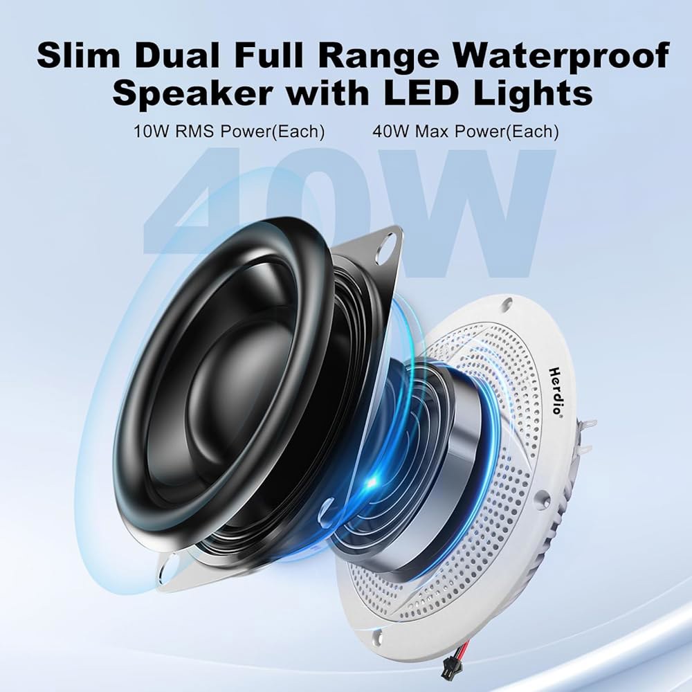 Herdio 10.2cm(4인치) 80W 방수 해양 적합한 슬림 카트에 UTV, ATV, LED RV, 골프 스타일 (1쌍, 화이트) 보트, 내후성, 로우 양방향 - 조명이 스피커 - 상세 이미지 3