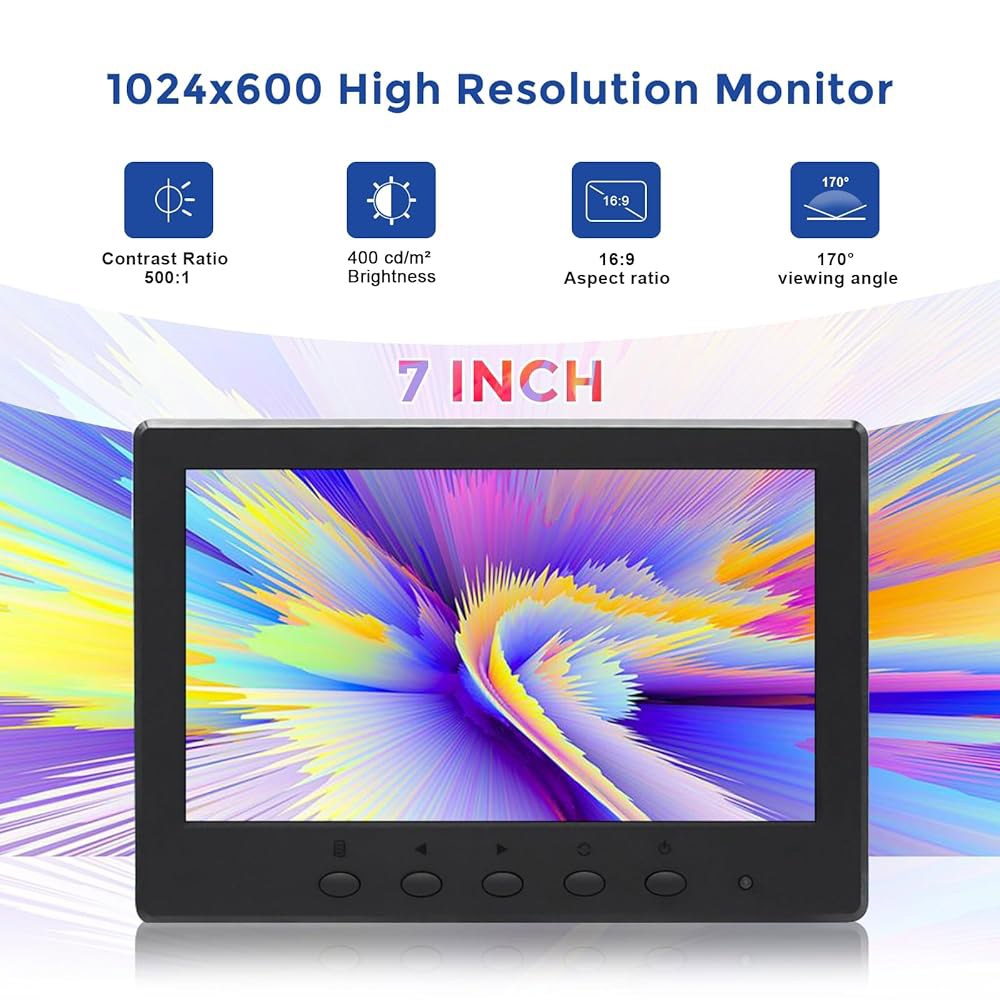 OSCY 17.8cm(7인치) 소형 모니터 미니 입력 초소형 및 스피커 내장, HDMI AV 제어 PC/맥/TV/라즈/카메라/게임/CCTV용 듀얼 BNC 원격 1024x600 VG - 상세 이미지 2