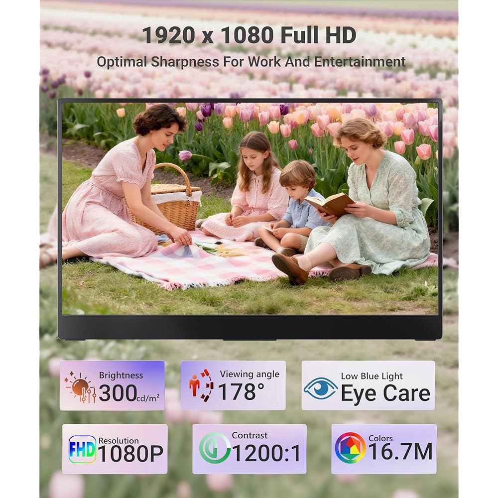 Ingnok 휴대용 모니터, 15.6인치 FHD USB-C 맥, 초박형, 플러그 어시스턴트 및 앤 사무실 스크린, 스피커, 내장 1080P 스위치/PS5용 여행 노트북, 플레이, - 상세 이미지 3