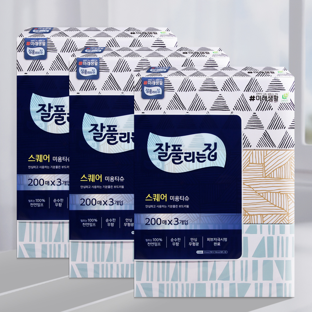 잘풀리는집 스퀘어 각티슈 미용티슈 200매 9개 곽티슈 곽휴지 사각티슈