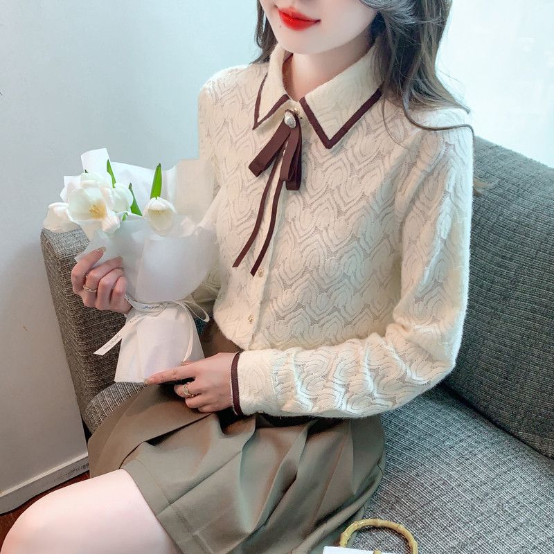 여성 페미닌 무드 기모 레이스 배색 리본 타이 셔츠 블라우스 오피스룩 하객룩 정장 이너 기본 데일리 긴팔 상의 - 상세 이미지 4