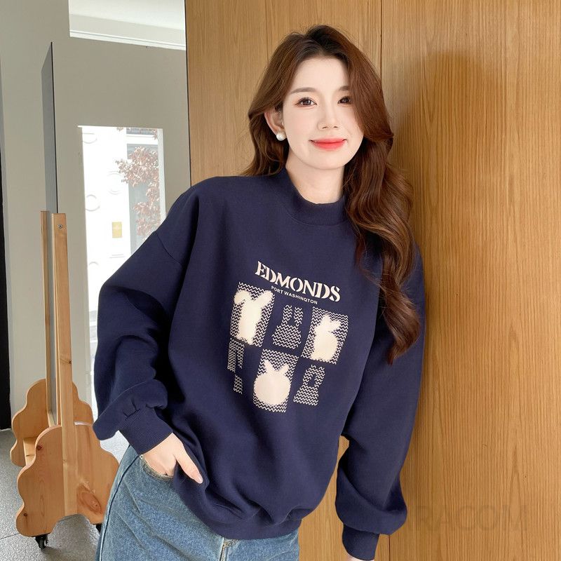 여성 루즈핏 반하이넥 레터링 그래픽 프린팅 기모 긴팔 티셔츠 맨투맨 스웨트셔츠 - 상세 이미지 5