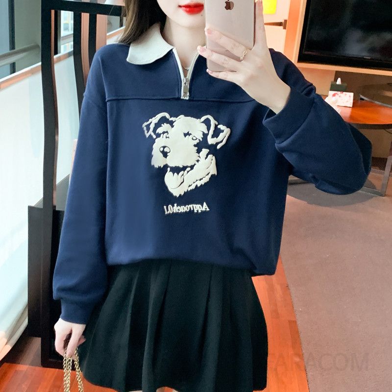 여성 캐주얼 데일리 오버핏 기모 배색 카라넥 자수 강아지 그래픽 긴팔 맨투맨 티셔츠 - 상세 이미지 5