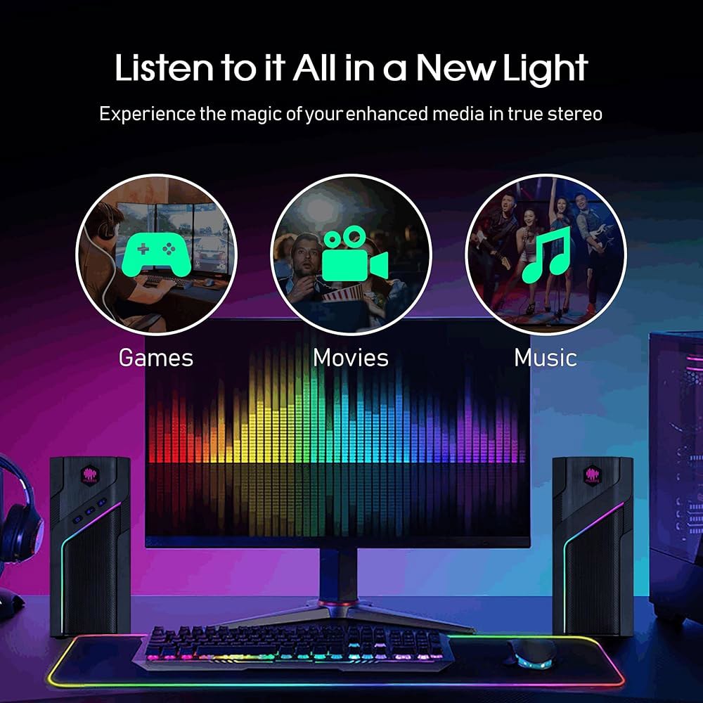 museeq W-206RE RGB 블루투스 및 설정을 USB 스테레오 터치 모드 게임 모니터용 위한 21가지 데스크탑 조명 PC 게이밍 LED 컴퓨터 사운드, 컨트롤 스피커, - 상세 이미지 3