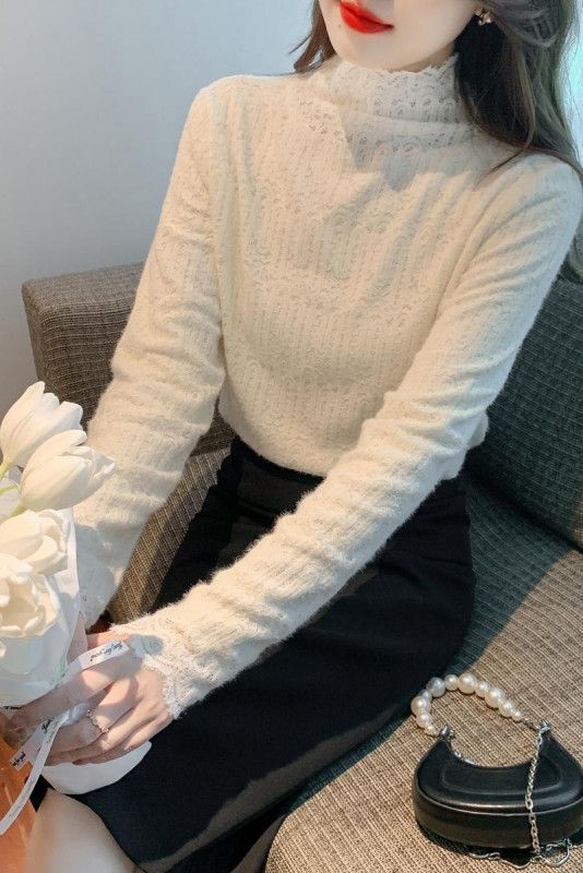 여성 데일리 페미닌 오피스룩 이너 레이스 기모 반하이넥 슬림핏 물결커팅 긴팔 티셔츠 스판 레이어드 기초 이미지 6