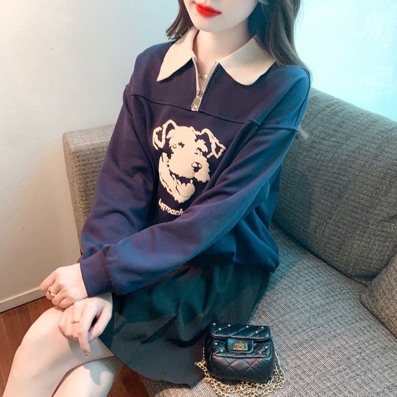 여성 캐주얼 데일리 오버핏 기모 배색 카라넥 자수 강아지 그래픽 긴팔 맨투맨 티셔츠 - 상세 이미지 2