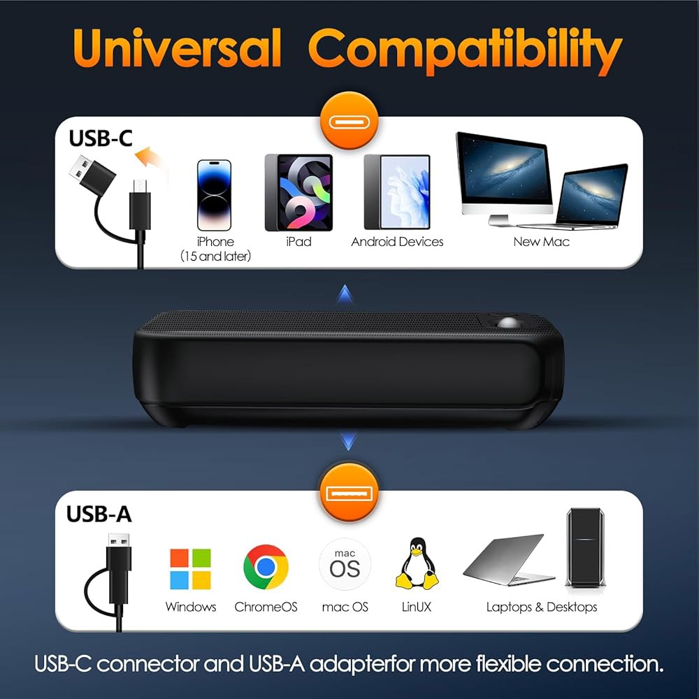 USB-A/USB-C 컴퓨터 스피커, PC 데스크톱용, 스피커 및 향상된 노트북 유선 베이스가 PC, 사운드 조명이 태블릿용 스테레오 있는 스마트폰, RGB 미니 바, 모니터용 - 상세 이미지 3