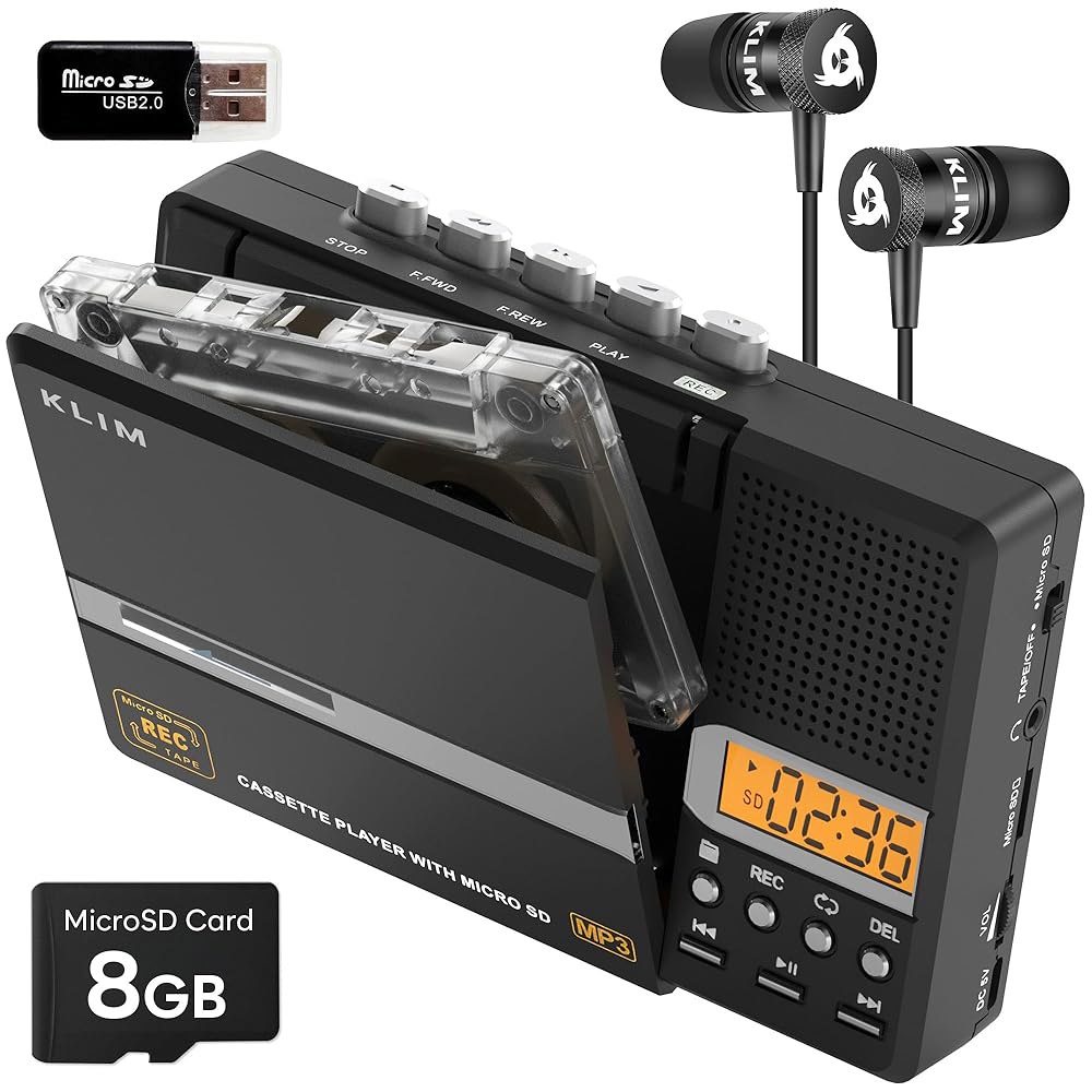 KLIM K10 휴대용 카세트 테이프 내장 SD - 배터리/USB 전송 카드 8GB 마이크 컨버터 MP3 USB 전원 + 및 플레이어 레코더, 이어폰 스피커 PC - 상품 이미지