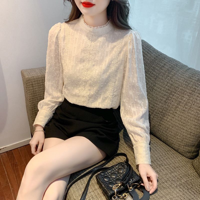 여성 페미닌 무드 레이스 배색 핀턱 도트 안감 기모 셔츠 블라우스 하객룩 출근룩 데일리 오피스룩 직장인 상의 이미지 6