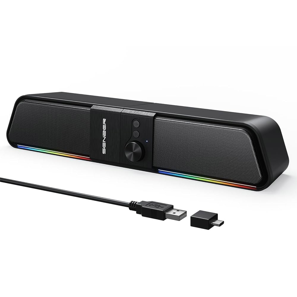 SENZER CS20 2 in 1 있는 사운드 태블릿용 플러그 블루투스 모니터 클리어 조명, 데스크톱용, USB 노트북 휴대폰 볼륨 RGB 스피커 손잡이가 게이밍 PC 앤 바, - 상품 이미지