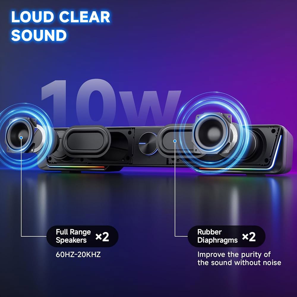 Jeecoo A40 선명한 사운드가 있는 컴퓨터 블루투스 앤 USB 노트북 조명, 사운드 LED 바 스피커, PC 버튼이 (USB-C 포함) 데스크탑 어댑터 모니터용 플레이 플러그 - 상세 이미지 2