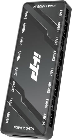 ihtp [해외]2-in-1 PWM 및 ARGB PC 팬 허브 16개 포트(8×5V 3핀 + 8×4핀 PWM) SATA 전원 숨겨진 마그네틱 베이스 마더보드 MH-009 Fan Hub Bl