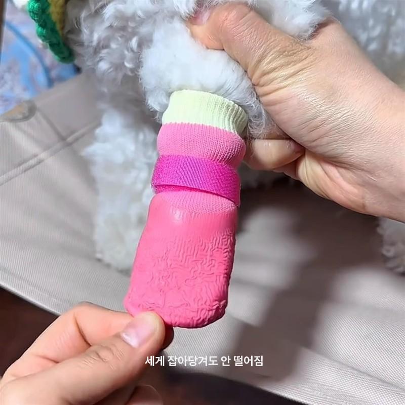 강아지 신발 산책용 반사 스트랩 방수 미끄럼 방지 핥기 아이스베리핑크 주름 신발 양말 4개 세트 A S 1.5~3.0kg - 상세 이미지 5