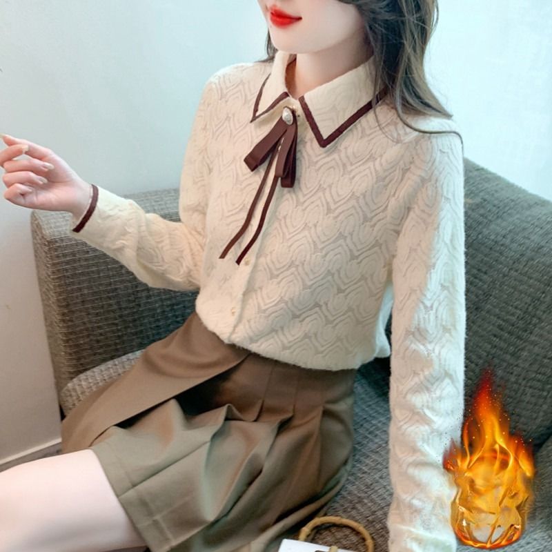 여성 페미닌 무드 기모 레이스 배색 리본 타이 셔츠 블라우스 오피스룩 하객룩 정장 이너 기본 데일리 긴팔 상의 - 상품 이미지