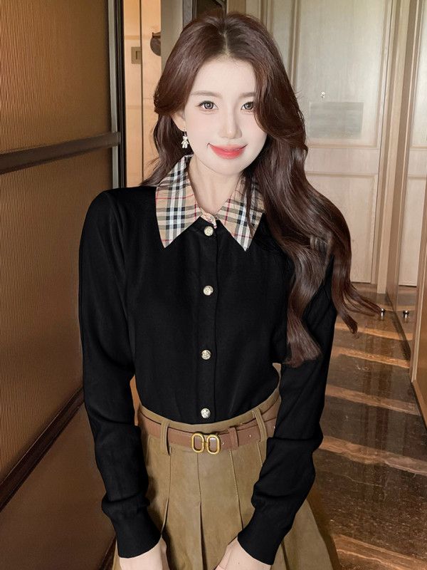 여성 체크 패치워크 니트 가디건 슬림핏 레이어드용 기본 허리길이 코튼 긴팔 봄 가을 스타일 - 상세 이미지 5