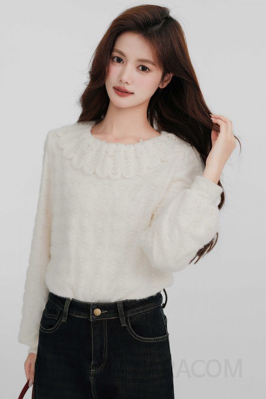 여성 데일리 러블리 페미닌 루즈핏 기모 레이스 칼라 자수 퍼프 소매 벌룬 니트 블라우스 티셔츠 레이어드 코디 오피스룩 - 상세 이미지 4