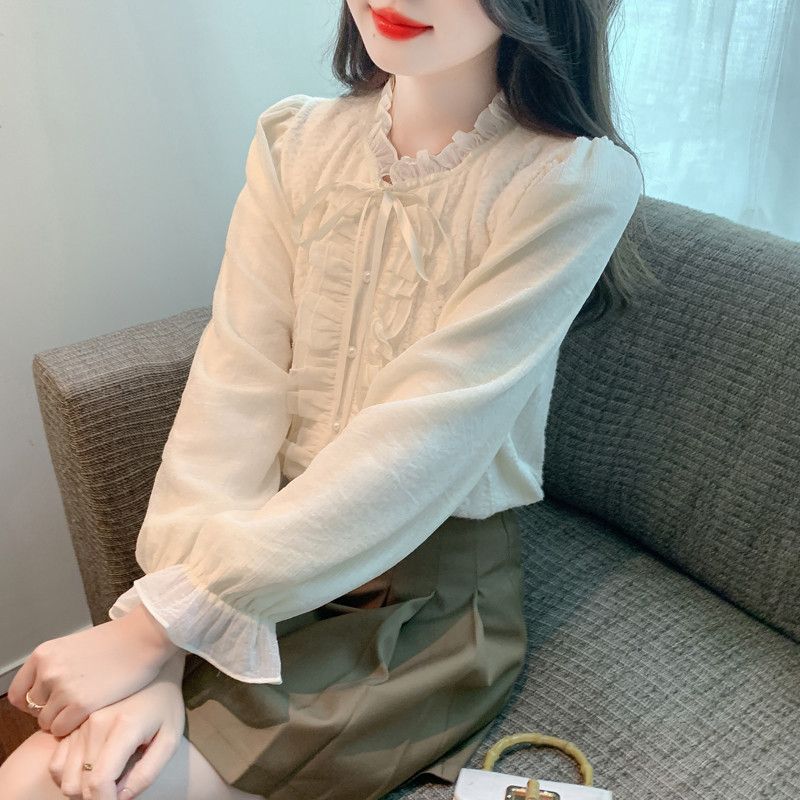 여성 페미닌 무드 따뜻한 기모 안감 프릴 타이 리본 슬림핏 겨울 데일리 오피스룩 하객룩 블라우스 - 상세 이미지 4