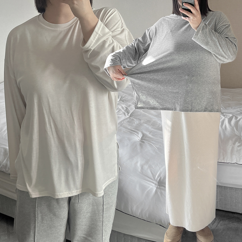피치기모티 옆트임티셔츠 겨울이너티 스판좋은 흰색 라운드 긴팔 레이온 루즈핏 여자 빅사이즈 홈웨어 - 상품 이미지