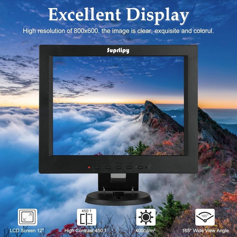 Suprlipy 12인치 TFT LCD 보안 스크린 카메라용 4 3 감시 내장 모니터 CCTV HDMI/VGA/AV/BNC/MIC 제어 지원 원격 컬러 800x600 USB 포트 - 상세 이미지 3