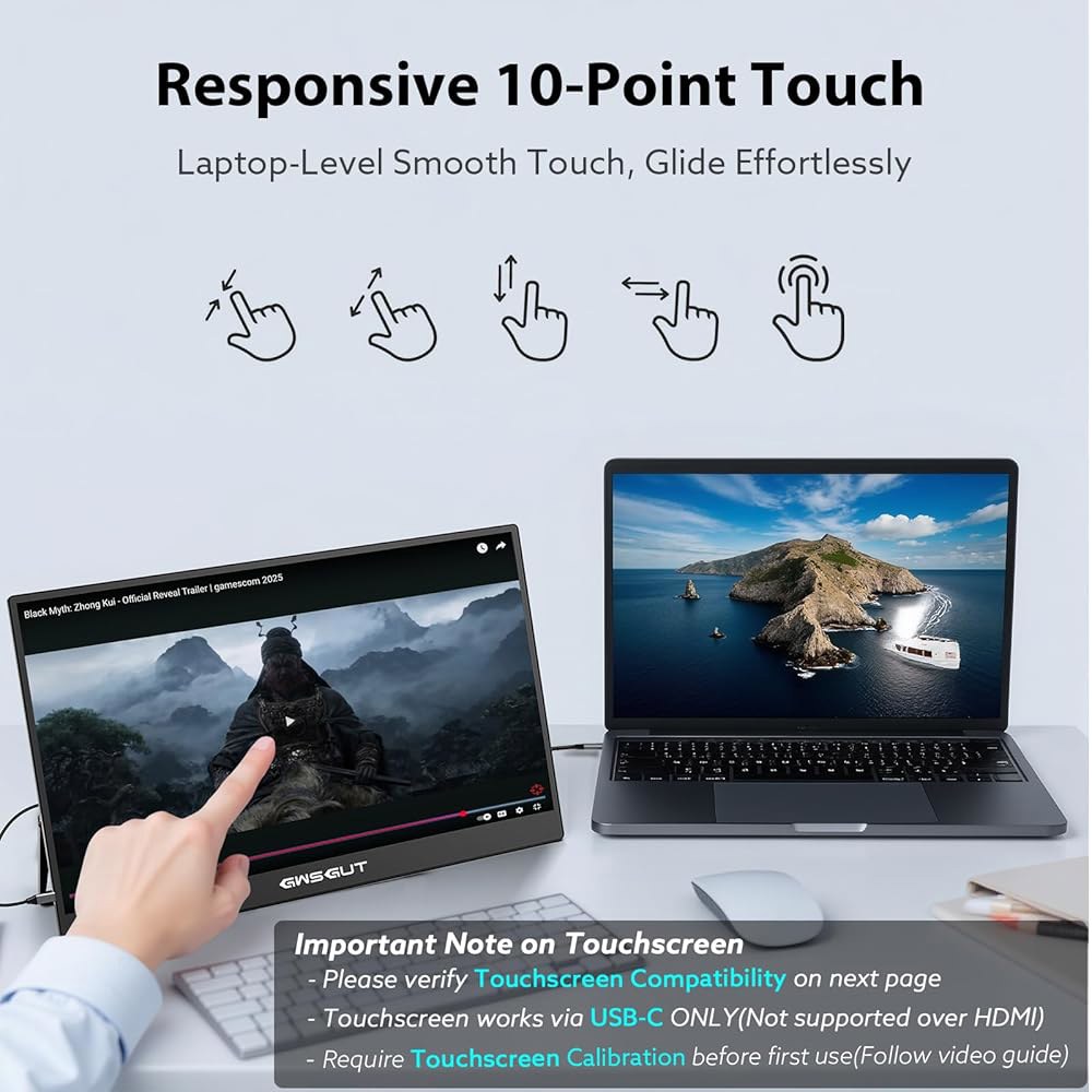 GWSGUT 휴대용 모니터 터치스크린 15.6인치 폰 PC 모니터용 울트라 스피커 HDMI FHD 슬림 맥 내장 1080P USB-C PS4/5 스탠드 (1080p IPS, HDR - 상세 이미지 3