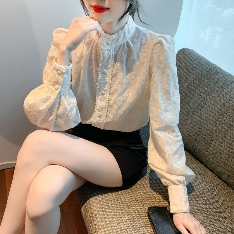 여성 우아한 페미닌 기모 안감 퍼프소매 레이스 스탠드카라 자수 셔츠 블라우스 오피스룩 하객룩 데이트룩 격식있는 - 상세 이미지 5