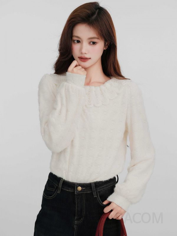 여성 데일리 러블리 페미닌 루즈핏 기모 레이스 칼라 자수 퍼프 소매 벌룬 니트 블라우스 티셔츠 레이어드 코디 오피스룩 - 상세 이미지 3