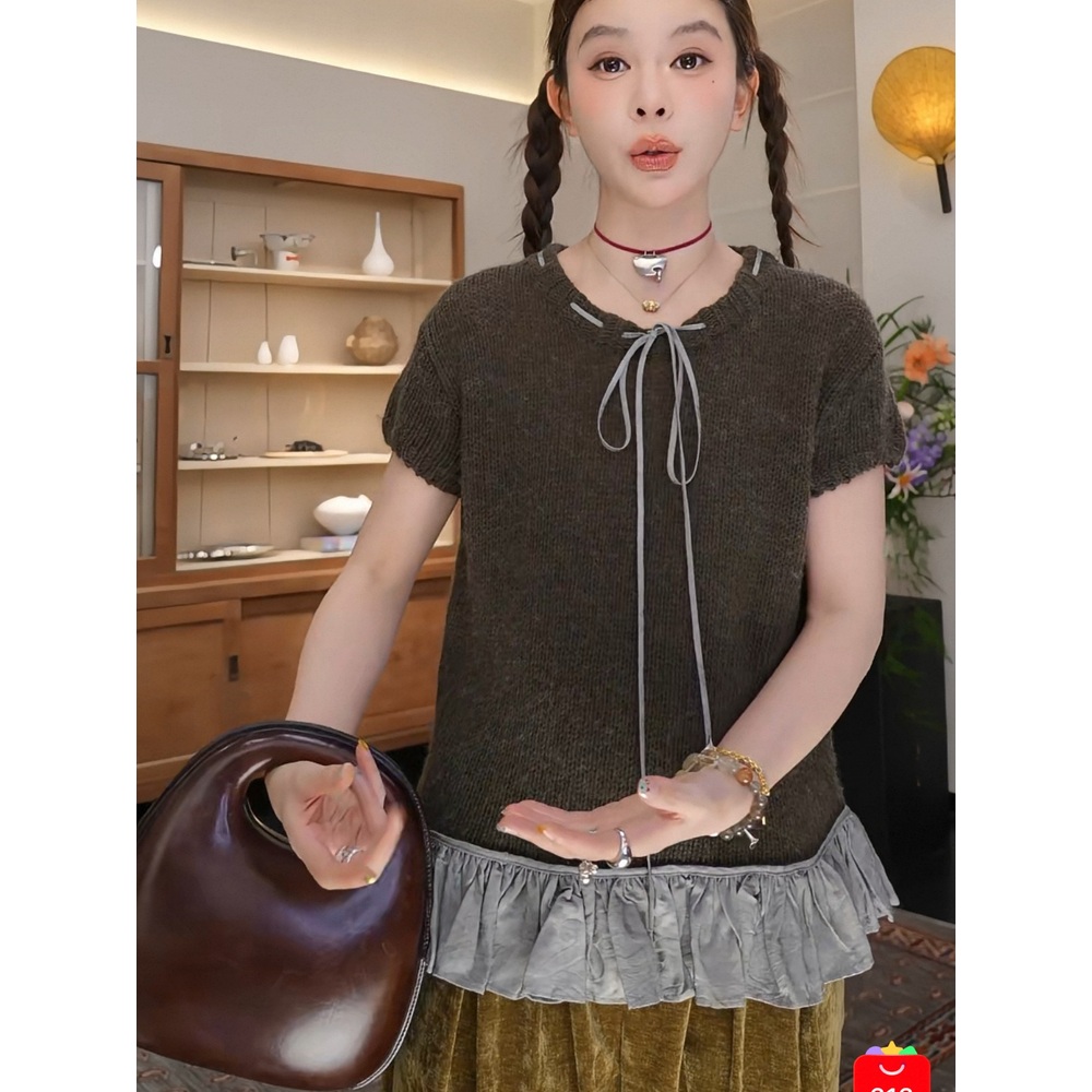 라운드넥 밑단프릴포인트 울반팔니트 리본 고급소재 예쁜 유니크 디자인 아미그린 - 상세 이미지 2