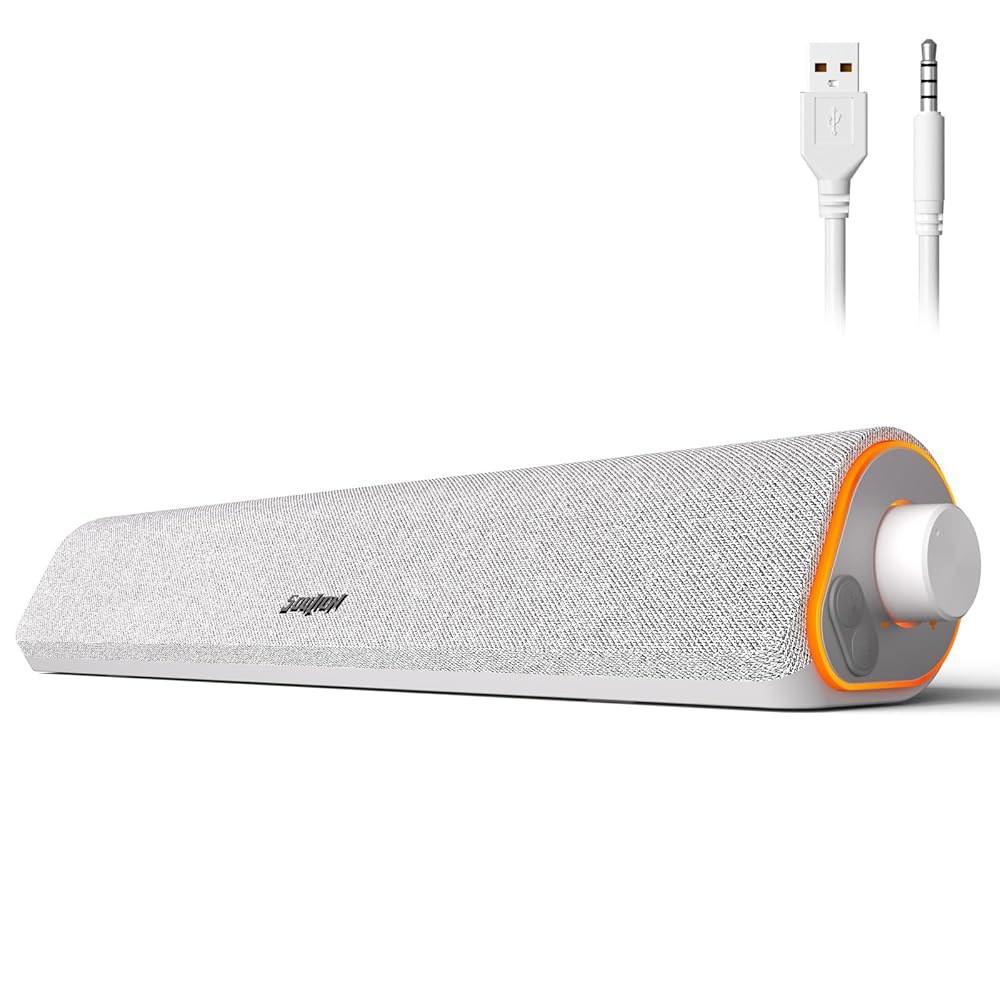 SOULION R50 블루투스 컴퓨터 스피커, 다채로운 사운드 3.5mm 조명, 전원 서라운드 LED 노트북용 데스크탑 유선 화이트 사운드바, PC 모니터용 USB - 상품 이미지