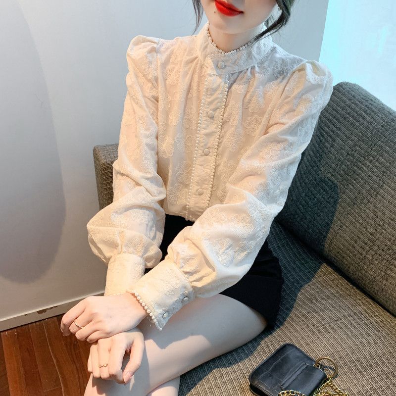 여성 우아한 페미닌 기모 안감 퍼프소매 레이스 스탠드카라 자수 셔츠 블라우스 오피스룩 하객룩 데이트룩 격식있는 - 상세 이미지 3
