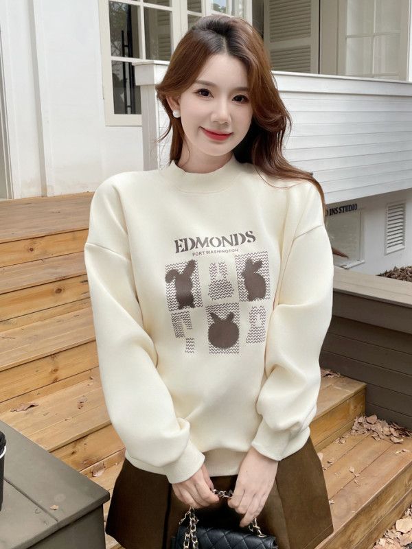 여성 루즈핏 반하이넥 레터링 그래픽 프린팅 기모 긴팔 티셔츠 맨투맨 스웨트셔츠 - 상세 이미지 2