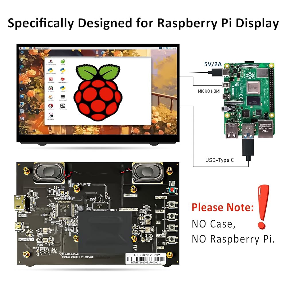 17.8cm(7인치) 라즈베리 파이 디스플레이, 800x480 4/3/2/Zero/B/B+ 모니터, 듀얼 미니 Win11/10/8/7용 포함, HDMI 스피커 LCD 소형 스크린( - 상세 이미지 3