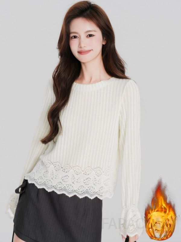 여성 페미닌 무드 기모 안감 레이스 배색 벨소매 리브 니트 티셔츠 오피스룩 하객룩 루즈핏 스트레이트 라운드넥 상의 - 상세 이미지 2