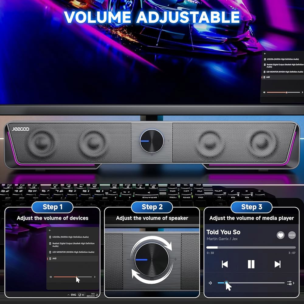 Jeecoo A40 선명한 사운드가 있는 컴퓨터 블루투스 앤 USB 노트북 조명, 사운드 LED 바 스피커, PC 버튼이 (USB-C 포함) 데스크탑 어댑터 모니터용 플레이 플러그 - 상세 이미지 3
