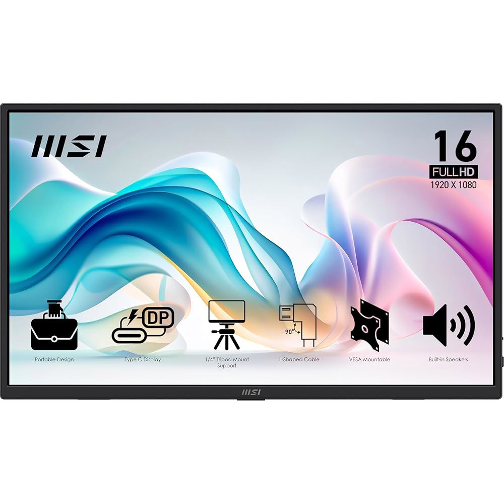 msi Pro MP165 E6 휴대용 스피커, 1080p, 적합, PC, PS5, PS4, 맥, Xbox, 15.6인치 모니터, FHD 그레이 모바일에 USB C형, 내장 메탈 - 상품 이미지