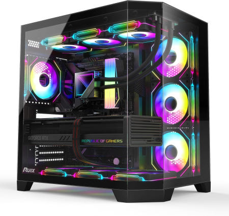 [해외]RUIX OV303 ATX 미드 타워 PC 케이스 사전 설치된 4 x 120mm 프리즘 ARGB PWM 팬 USB 3.0 및 Type-C 포트 고풍량 게이밍 컴퓨터 - Bl