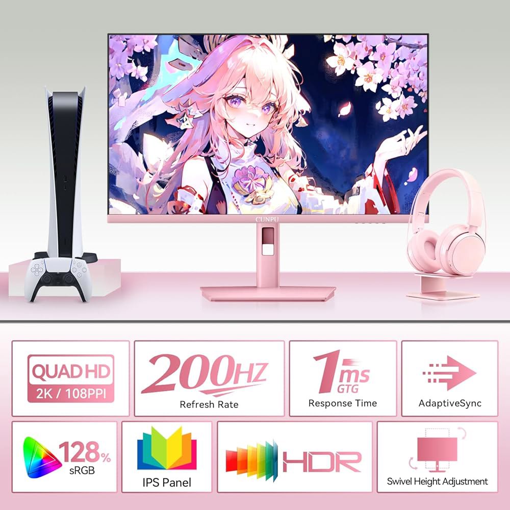 CUNPU 27인치 파스텔 핑크 게이밍 DP 180/200Hz QHD DCI-P3, 모니터 적응형 2560x1440 가능한 조절 GTG 스탠드, IPS 모니터, 90 높이/회전/틸 - 상세 이미지 2