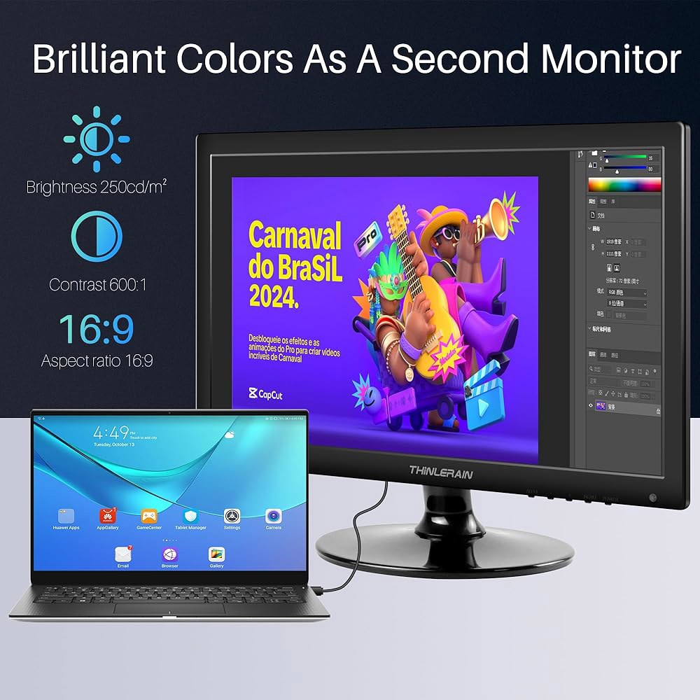 Thinlerian 17.3인치 컴퓨터 모니터, HD VGA 디스플레이, HDMI 내장 블랙 1600x900 VESA 5Ms, 스피커, 60Hz, PC 장착 가능, - 상세 이미지 3