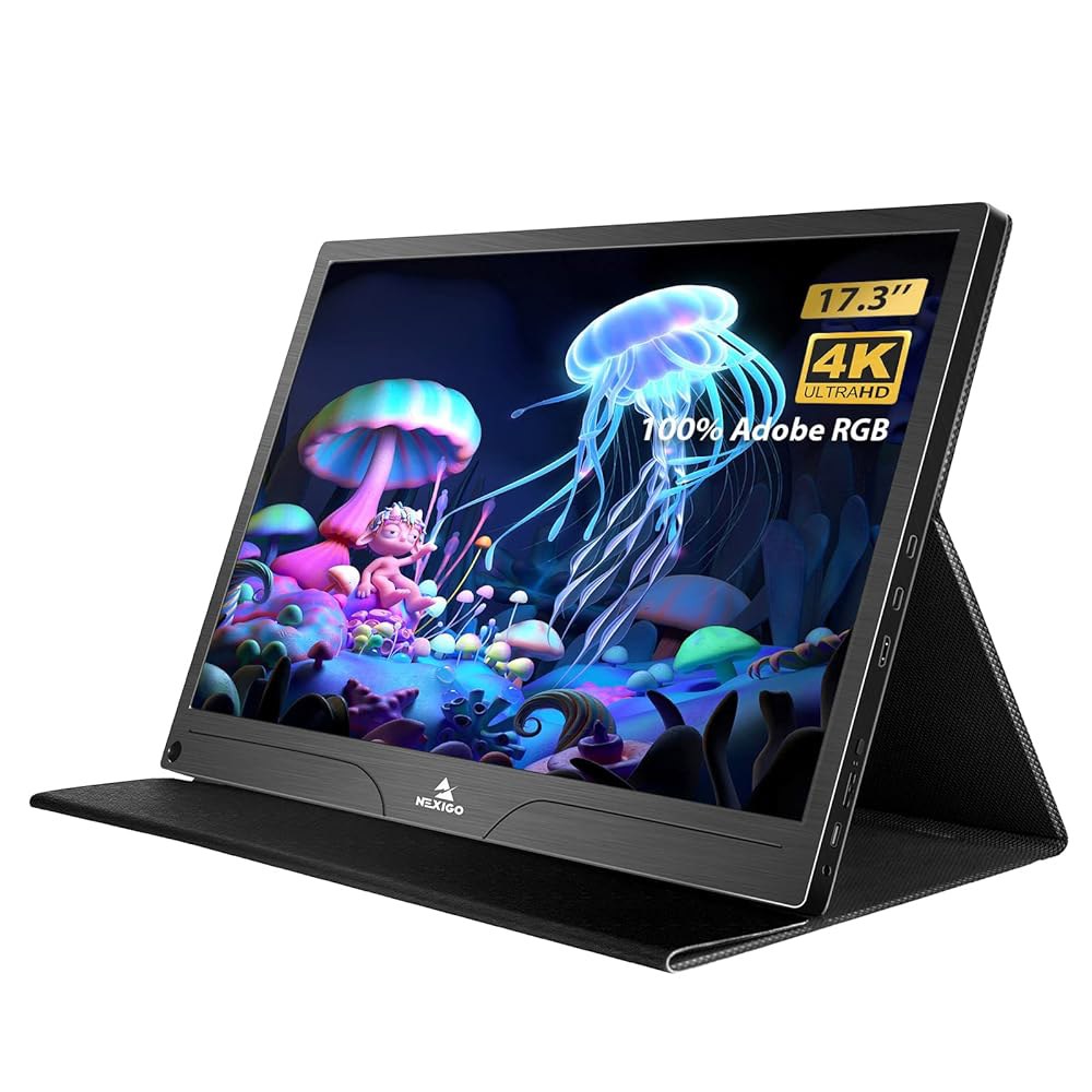 NexiGo 4K 휴대용 모니터 17.3인치, 디스플레이, 및 HDR 노트북 RGB, 커버용 듀얼 100 400니트, 아이 확장이 VESA 케어 스크린, 있는 스피커 스마트 어도비 - 상품 이미지