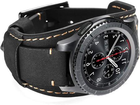 [해외]헵선 호환 삼성 갤럭시 워치 46mm/워치 3 45mm/기어 S3 프론티어/화이웨이 3/가민 비보액티브 4/화실 Q/틱워치 프로 밴드 22mm 빈티지 정품 가죽 커프 Bla