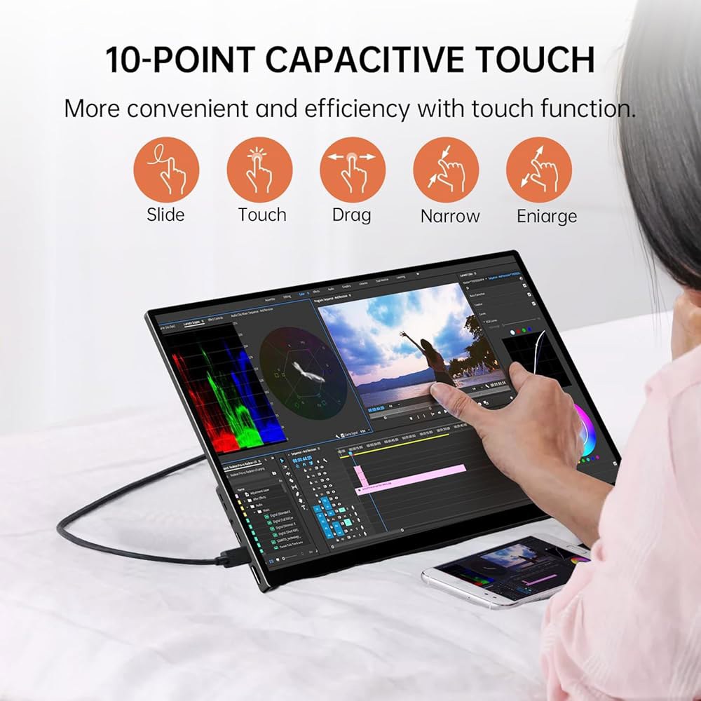 VOKENSU 휴대용 모니터 터치스크린, 18.5인치 C 여행용 및 윈도우 FHD 스피커가 HDMI 킥스탠드 USB 터치 있는 개발자용 IPS 모니터, PC용 스크린, 10포인트 - 상세 이미지 2