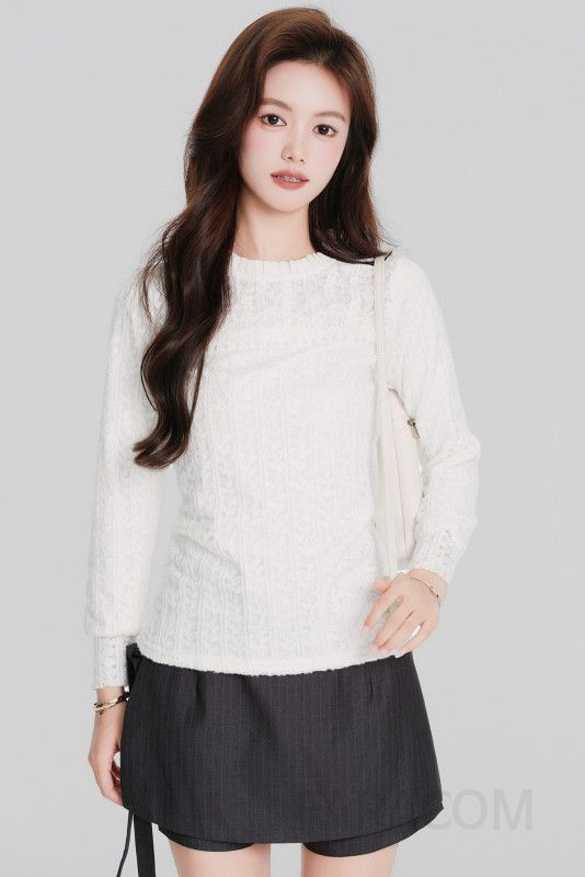 여성 페미닌 무드 루즈핏 기모 레이스 꽈배기 라운드넥 긴팔 티셔츠 블라우스 오피스룩 하객룩 이미지 6