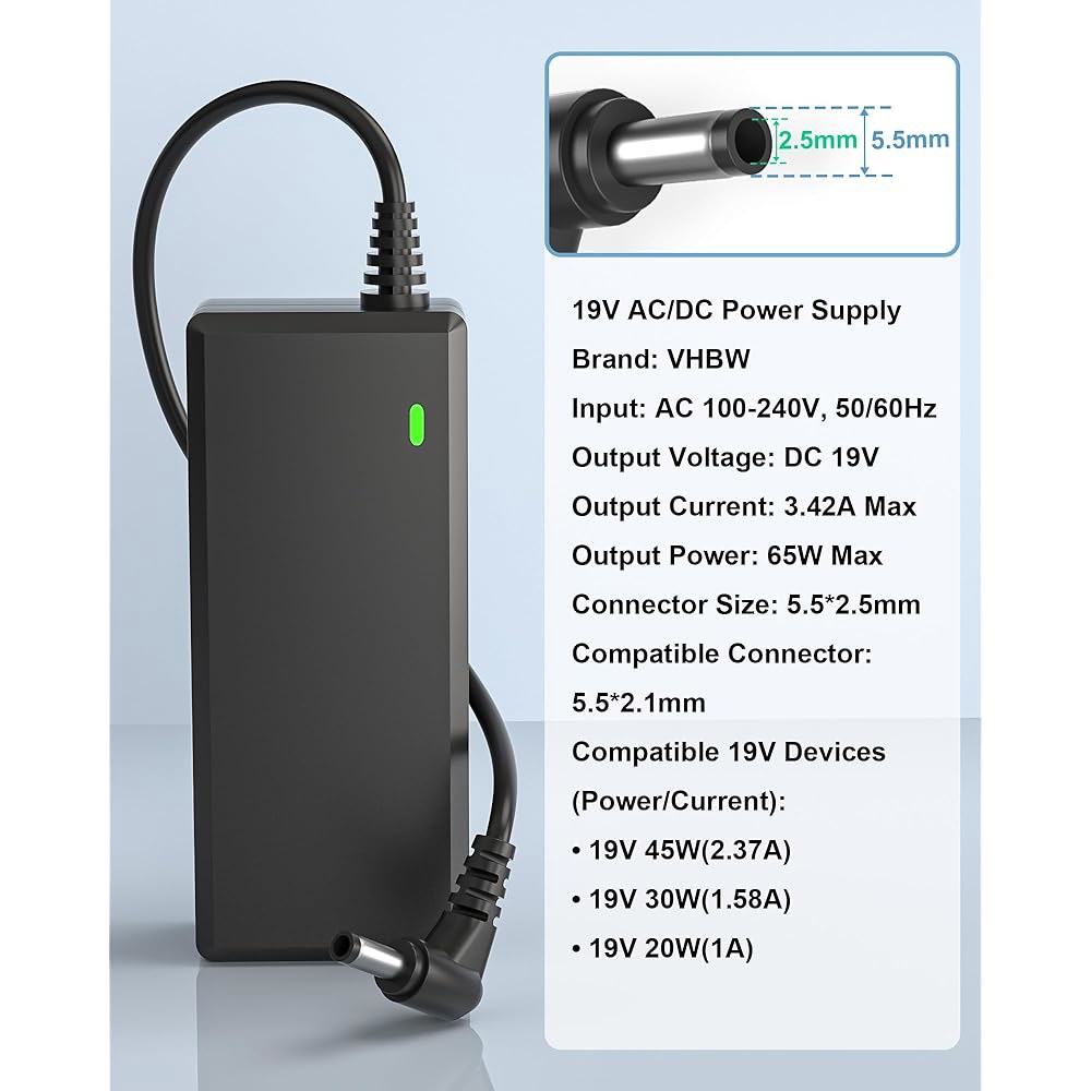 VHBW 19V 3.42A 65W 전원 앰프용 어댑터 스피커, 프린터 도시바 100-240V (5.5 오디오 HDTV, x 및 플러그) 노트북, 위성/Portege 모니터, 컨버터 - 상세 이미지 2