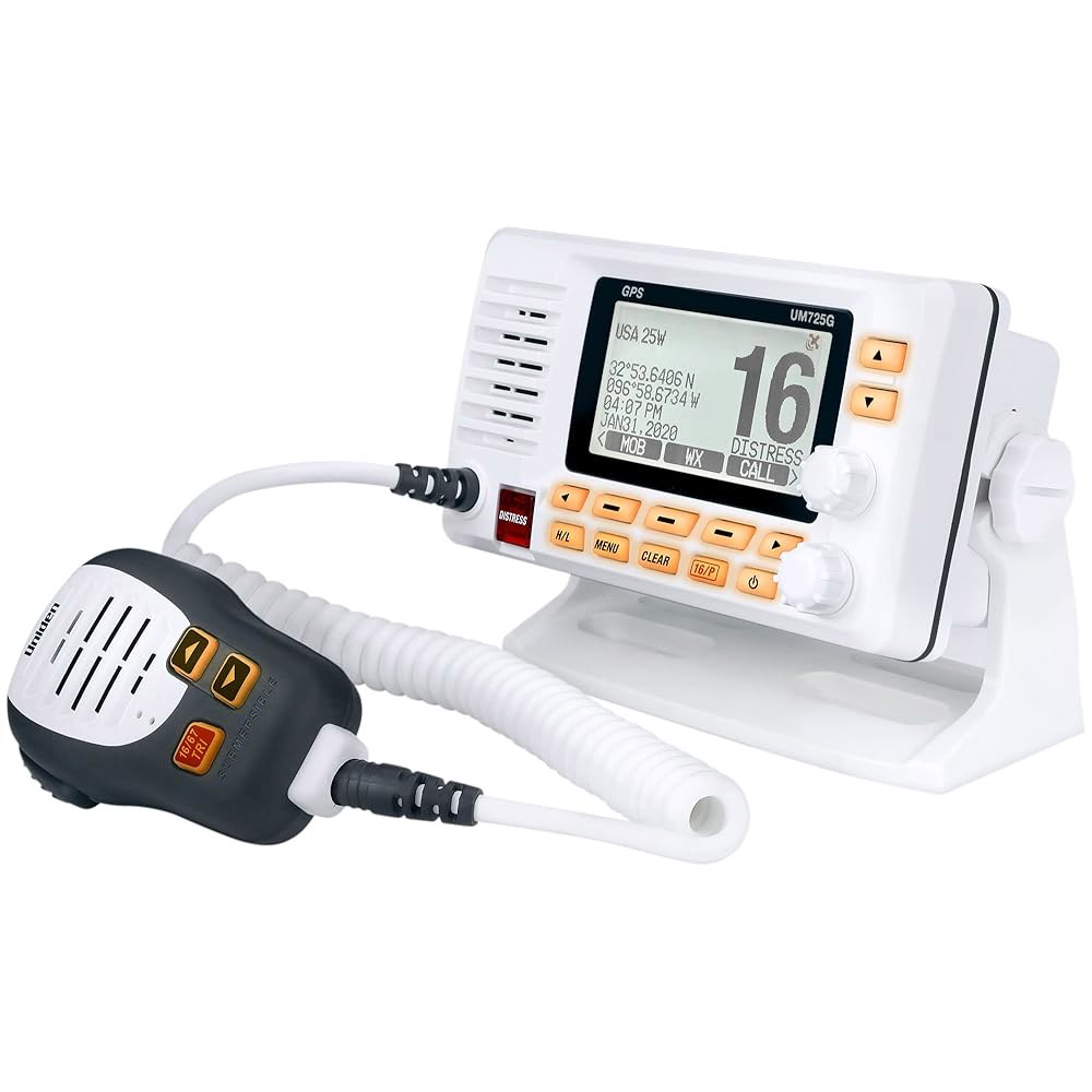 Uniden UM725G Marine VHF 라디오, GPS 스크린, 마이크, 스피커 날씨 모든 LCD 내장. 채널, 동급 전력, 해양 경고 포함, 최대 1와트/25와트 및 전송 - 상세 이미지 3