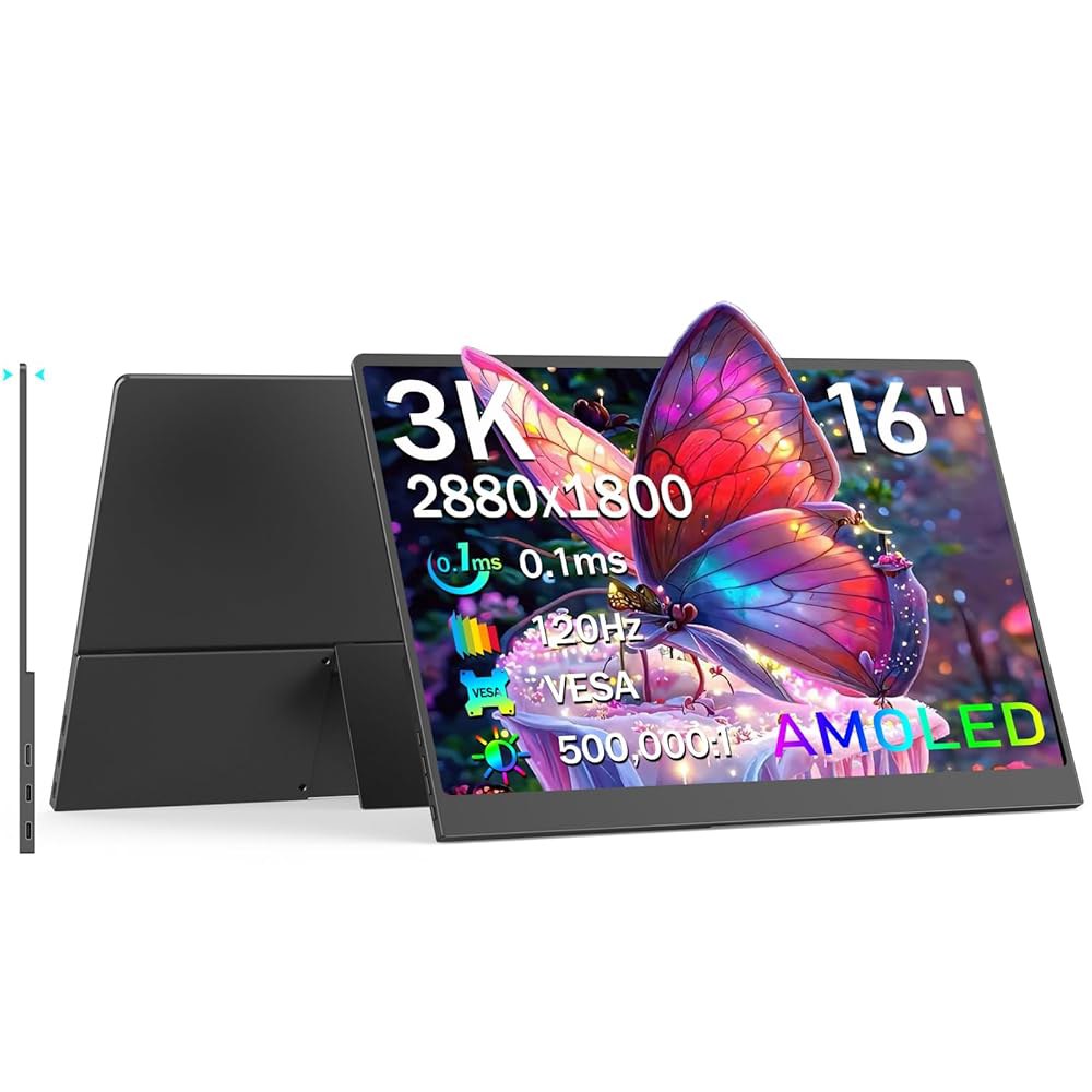 NewHail OLED 휴대용 모니터 16인치, 블랙 0.1ms 120 포함, 폰 USB-C DCI-P3 맥 스위치 120Hz 스피커 PS5용, 및 모니터, 2880x1800 내장 - 상품 이미지